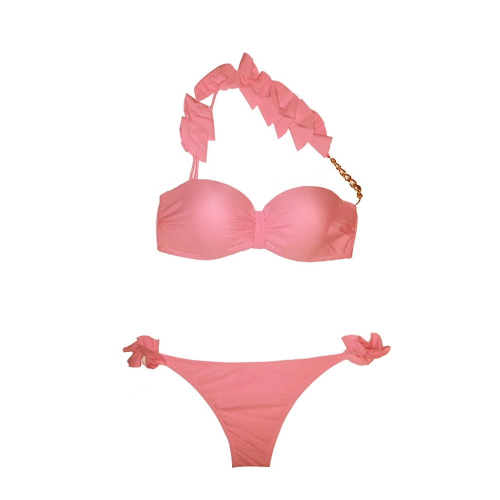 Coral pushup bandeau bikini with petal accent and removable strap
